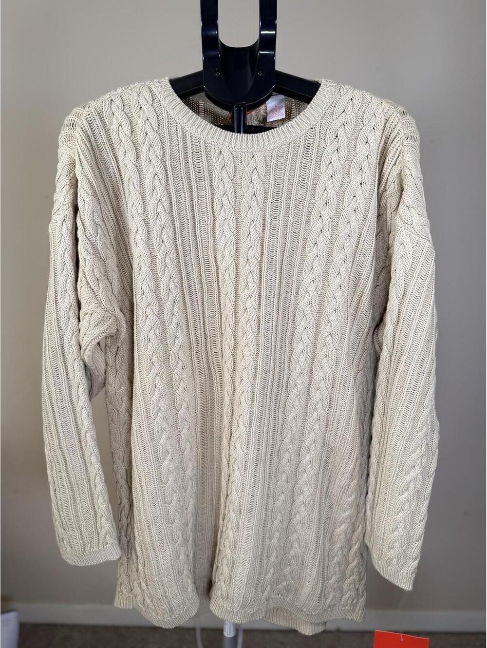 VTG Liz & Co.  Cable Knit Sweater Ivory Cream Fisherman Pullover Size Large
